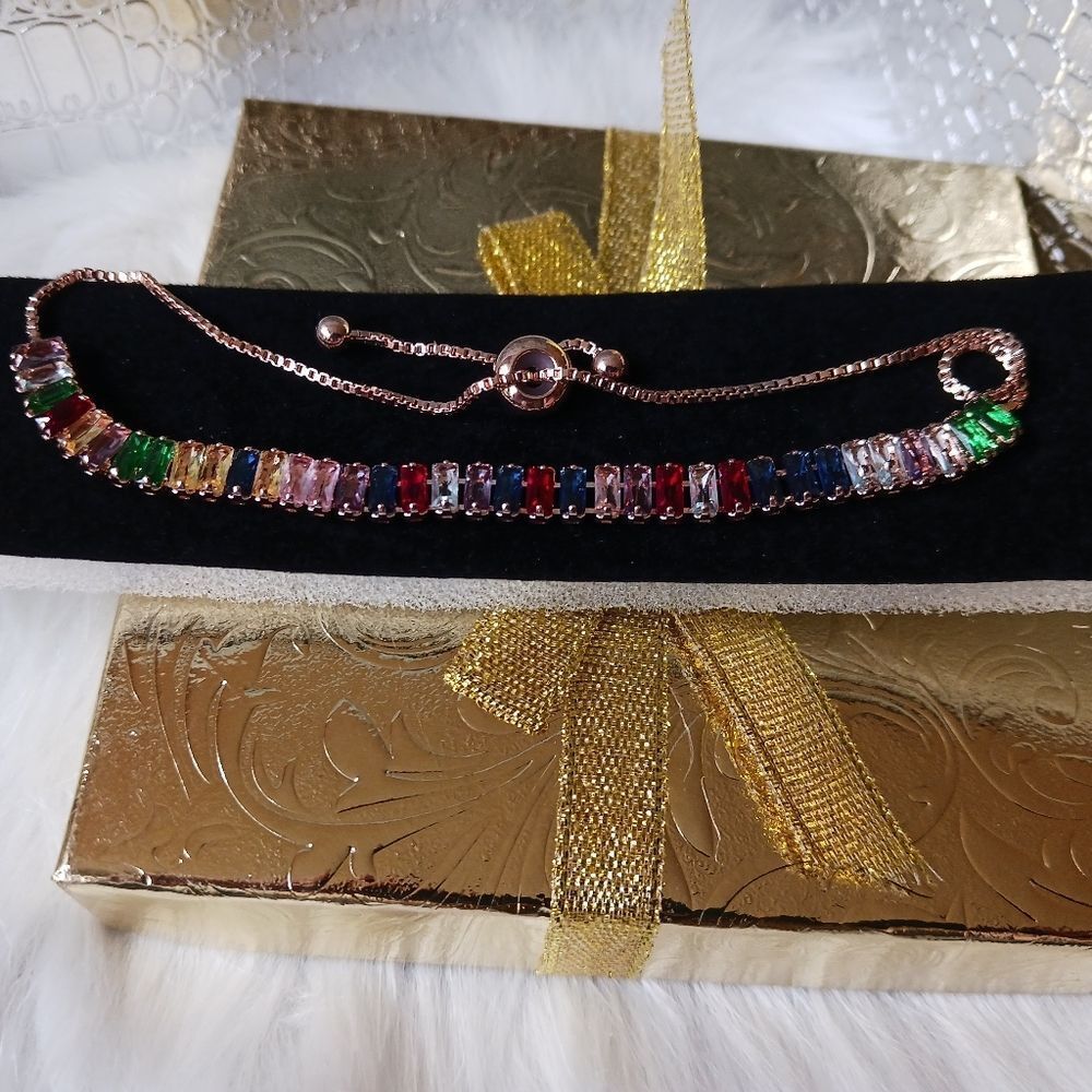 Multi-Color Gemstone Rose Gold Adjustable Tennis Bracelet
